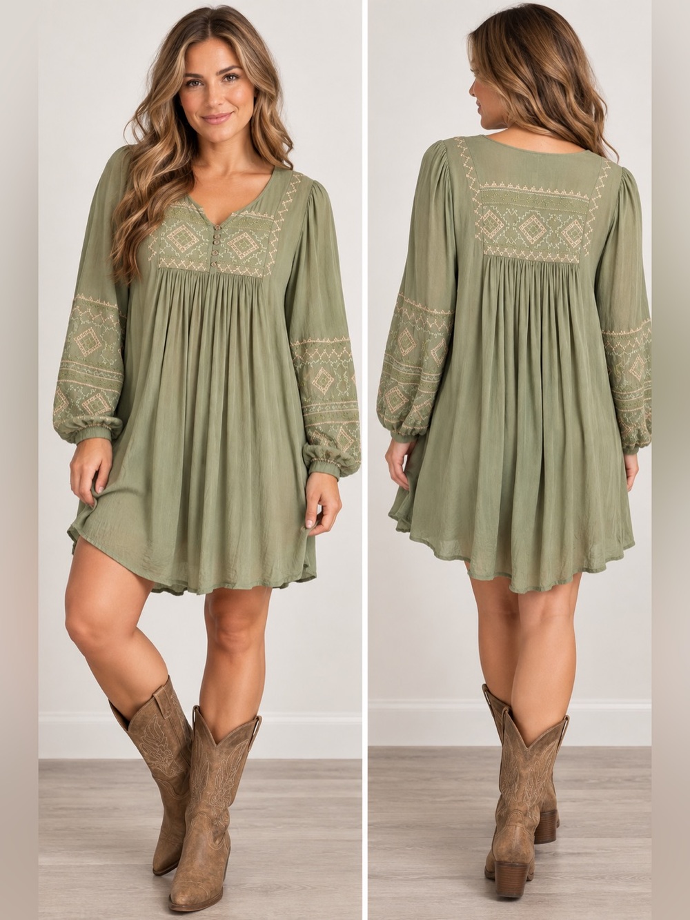 Monoreno Embroidered Boho Babydoll Dress Sage Green Rayon Small